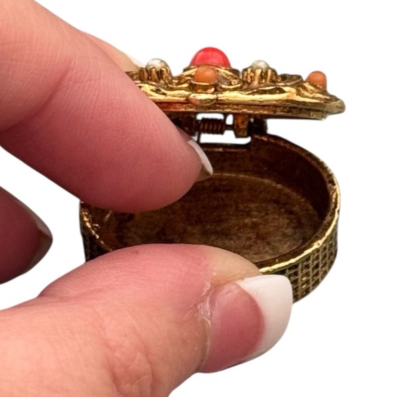 Vintage Orange Bead and Faux Pearl Studded Micro Pill Box Italian Inspired - Picture 5 of 7